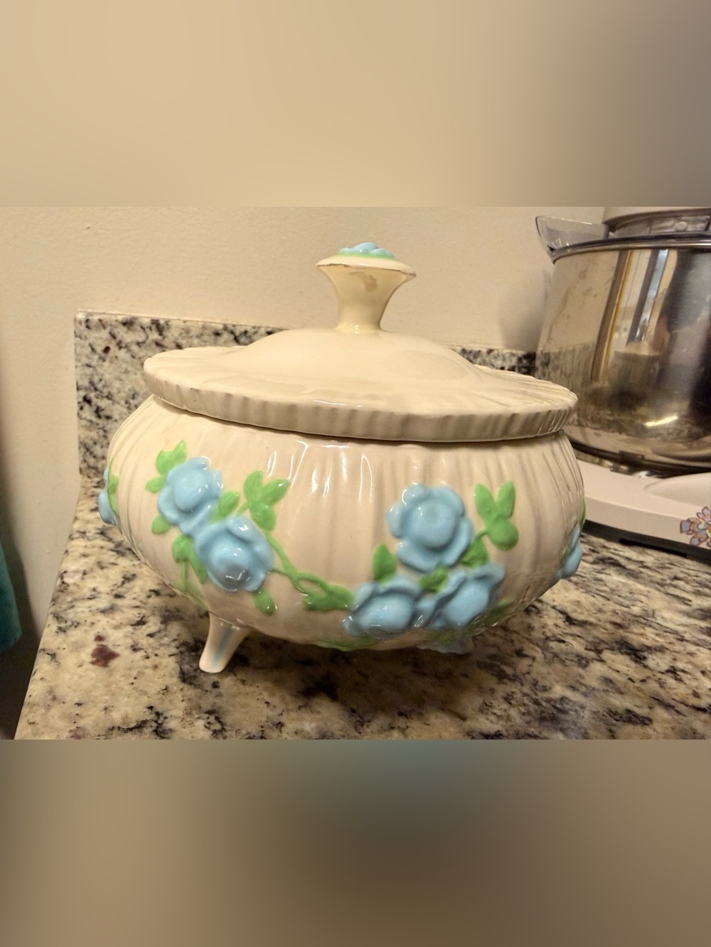 Vintage Ceramic Covered Dish with Blue Floral Relief